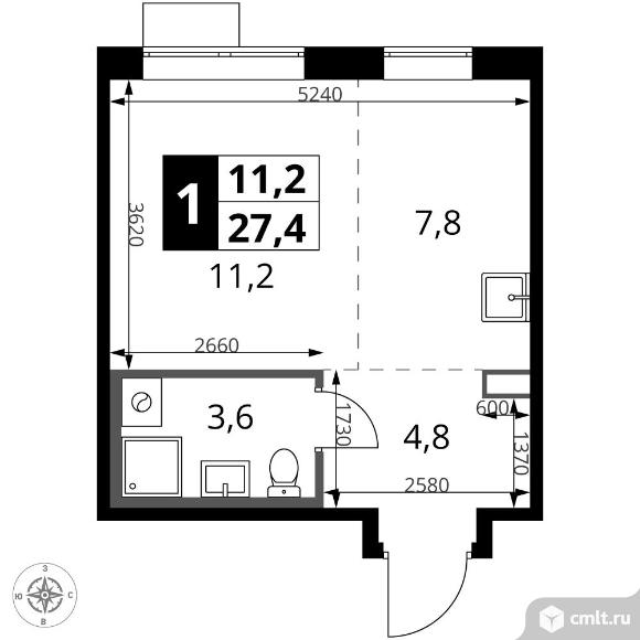 1-комнатная квартира 27,4 кв.м - ЖК "1-й Саларьевский". Фото 1.