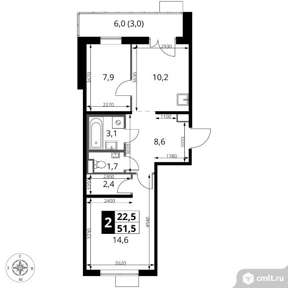 2-комнатная квартира 51,5 кв.м - ЖК "1-й Саларьевский". Фото 1.