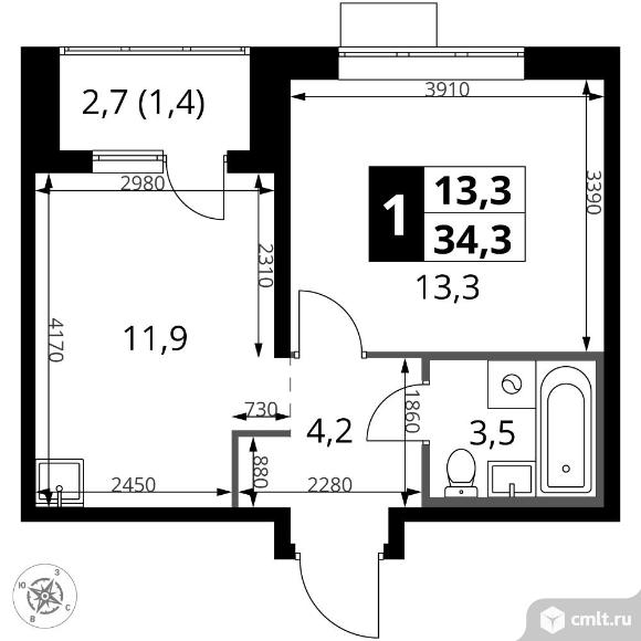 1-комнатная квартира 34,3 кв.м - ЖК "1-й Саларьевский". Фото 1.