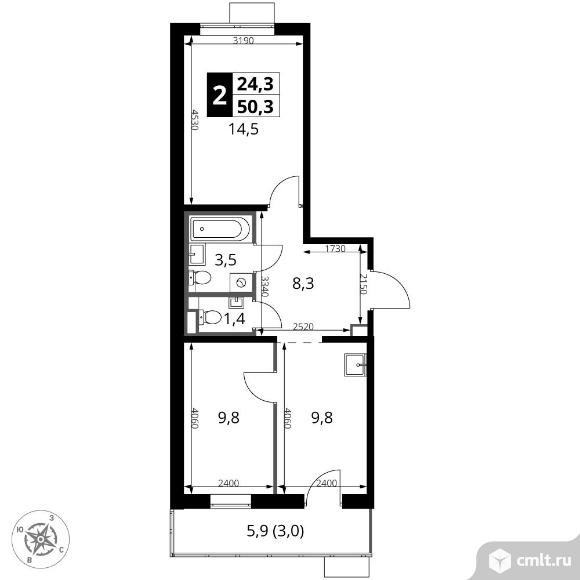 2-комнатная квартира 50,3 кв.м - ЖК "1-й Саларьевский". Фото 1.