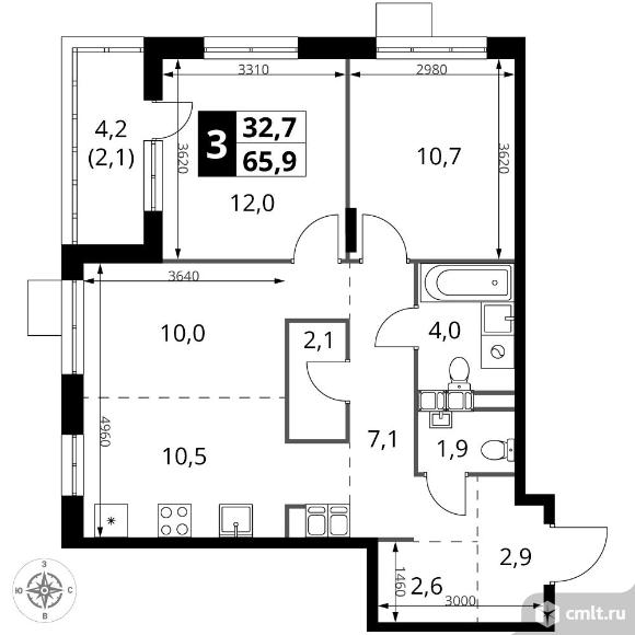 3-комнатная квартира 65,9 кв.м - ЖК "1-й Саларьевский". Фото 1.