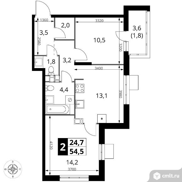2-комнатная квартира 54,5 кв.м - ЖК "1-й Саларьевский". Фото 1.