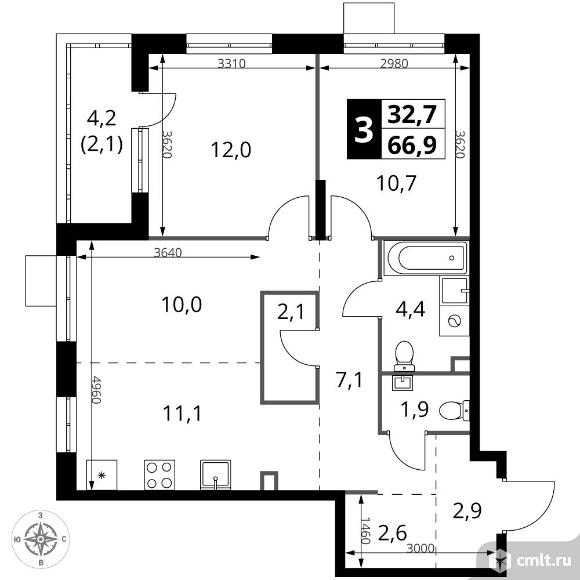 3-комнатная квартира 66,9 кв.м - ЖК "1-й Саларьевский". Фото 1.