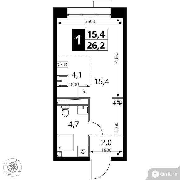 1-комнатная квартира 26,2 кв.м. Фото 1.