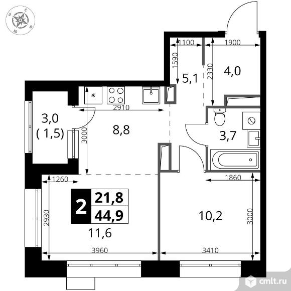 2-комнатная квартира 44,9 кв.м - ЖК "1-й Саларьевский". Фото 1.