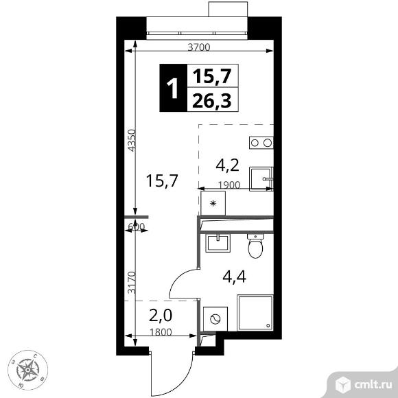 1-комнатная квартира 26,3 кв.м - ЖК "1-й Саларьевский". Фото 1.