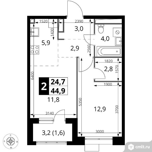 2-комнатная квартира 44,9 кв.м - ЖК "1-й Саларьевский". Фото 1.