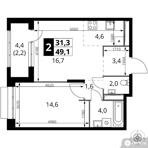 2-комнатная квартира 49,1 кв.м - ЖК "1-й Саларьевский". Фото 1.