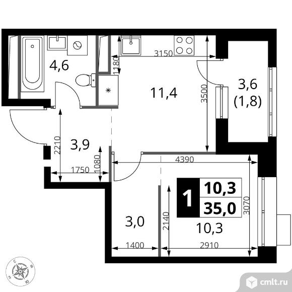 1-комнатная квартира 35 кв.м - ЖК "1-й Саларьевский". Фото 1.