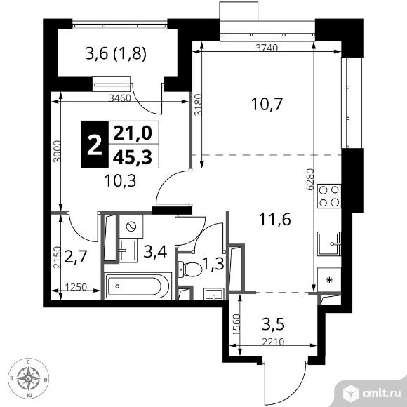 2-комнатная квартира 45,3 кв.м - ЖК "1-й Саларьевский". Фото 1.