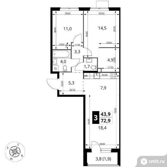 3-комнатная квартира 72,9 кв.м - ЖК "1-й Измайловский". Фото 1.