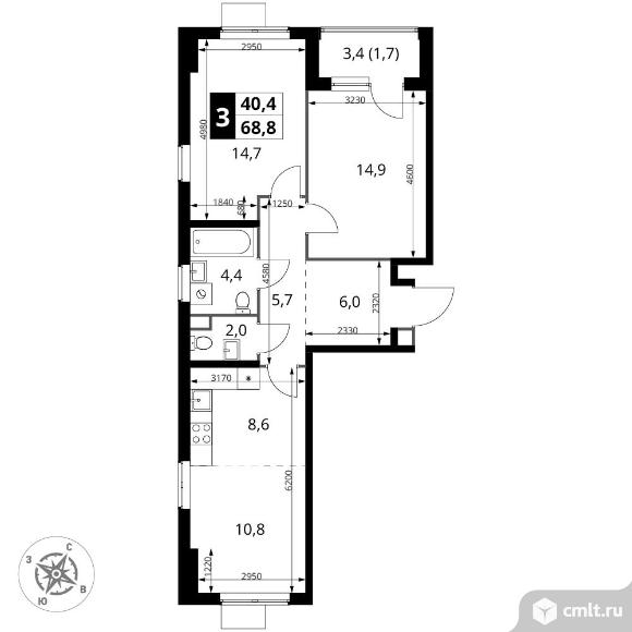 3-комнатная квартира 68,8 кв.м - ЖК "1-й Измайловский". Фото 1.