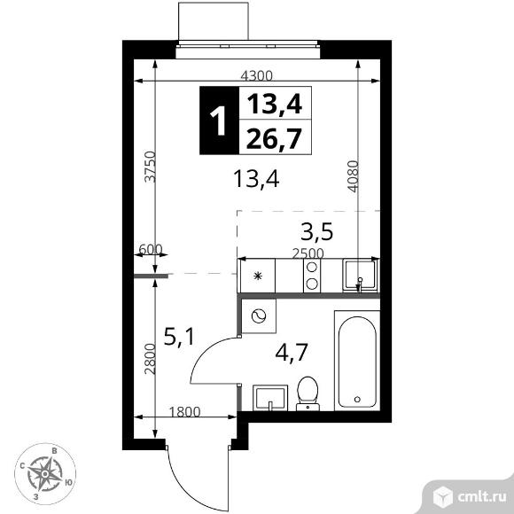 1-комнатная квартира 26,7 кв.м - ЖК "1-й Измайловский". Фото 1.