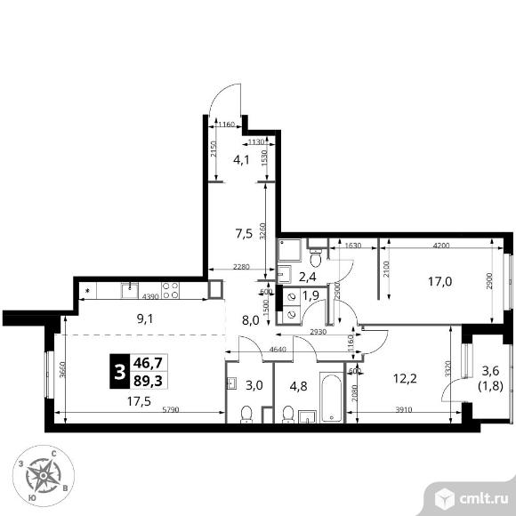 3-комнатная квартира 89,3 кв.м - ЖК "1-й Измайловский". Фото 1.