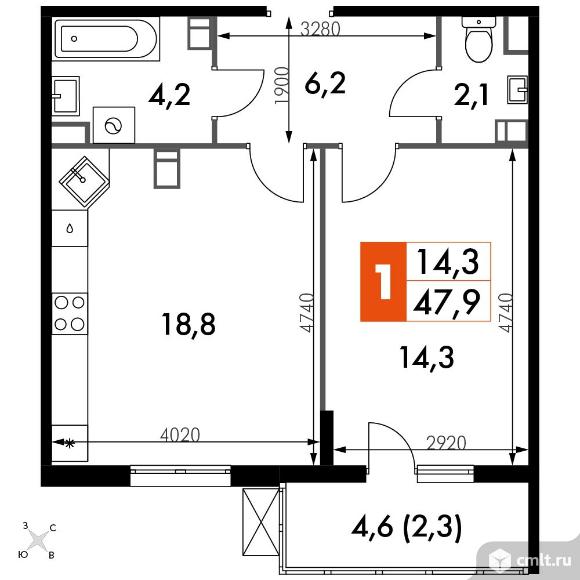 1-комнатная квартира 47,9 кв.м - ЖК «Олимп». Фото 1.