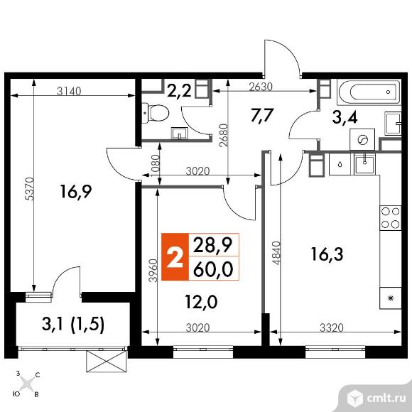 2-комнатная квартира 59,9 кв.м - ЖК «Олимп». Фото 1.
