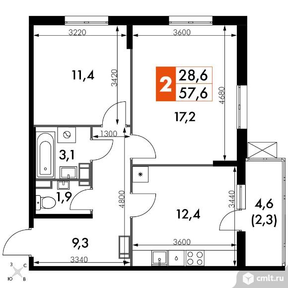 2-комнатная квартира 57,4 кв.м - ЖК «Олимп». Фото 1.