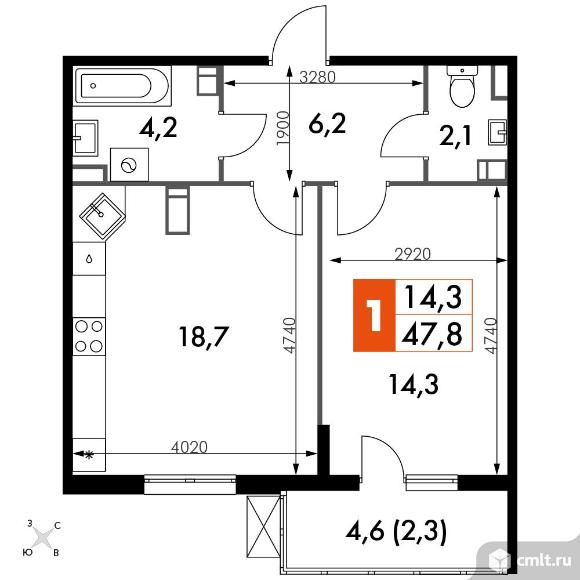 1-комнатная квартира 47,9 кв.м - ЖК «Олимп». Фото 1.