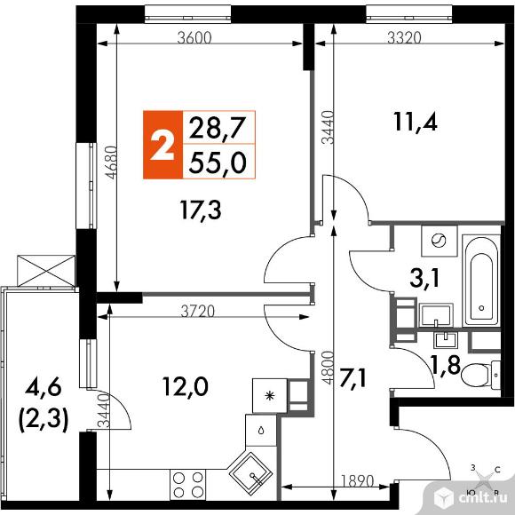2-комнатная квартира 55,3 кв.м - ЖК «Олимп». Фото 1.