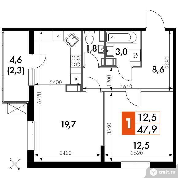 1-комнатная квартира 48 кв.м - ЖК «Олимп». Фото 1.