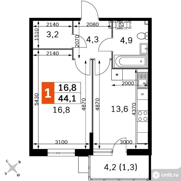 1-комнатная квартира 44,1 кв.м - ЖК «Олимп». Фото 1.