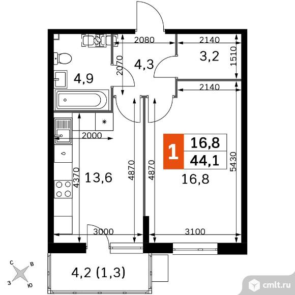 1-комнатная квартира 44,1 кв.м - ЖК «Олимп». Фото 1.