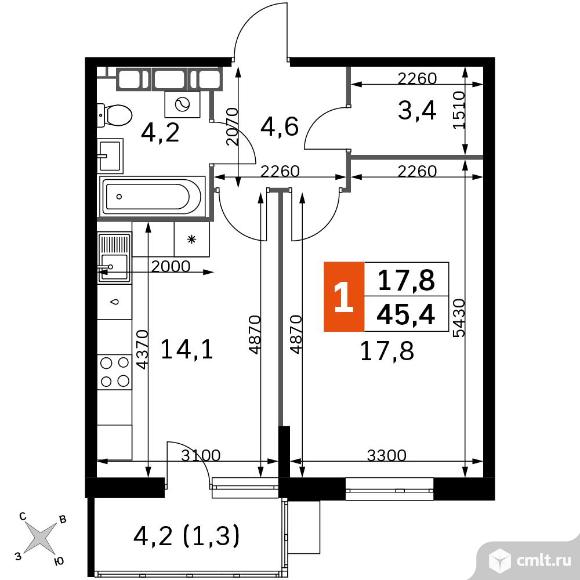 1-комнатная квартира 45,4 кв.м - ЖК «Олимп». Фото 1.