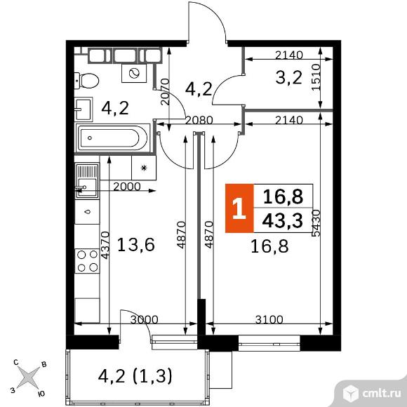 1-комнатная квартира 43,3 кв.м - ЖК «Олимп». Фото 1.