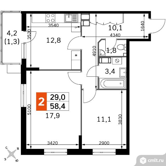 2-комнатная квартира 58,4 кв.м - ЖК «Олимп». Фото 1.