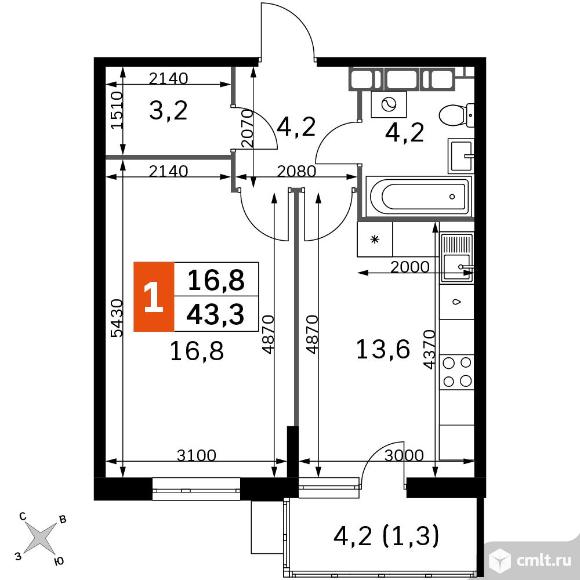 1-комнатная квартира 43,3 кв.м - ЖК «Олимп». Фото 1.