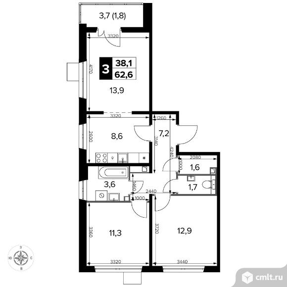 3-комнатная квартира 62,9 кв.м - ЖК «1-й Ленинградский». Фото 1.