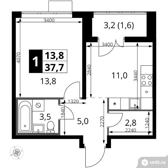1-комнатная квартира 37,7 кв.м. Фото 1.