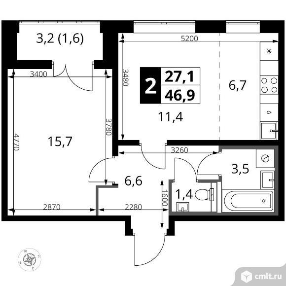 2-комнатная квартира 46,9 кв.м - ЖК "1-й Южный". Фото 1.