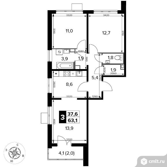 3-комнатная квартира 63,1 кв.м - ЖК "1-й Донской". Фото 1.