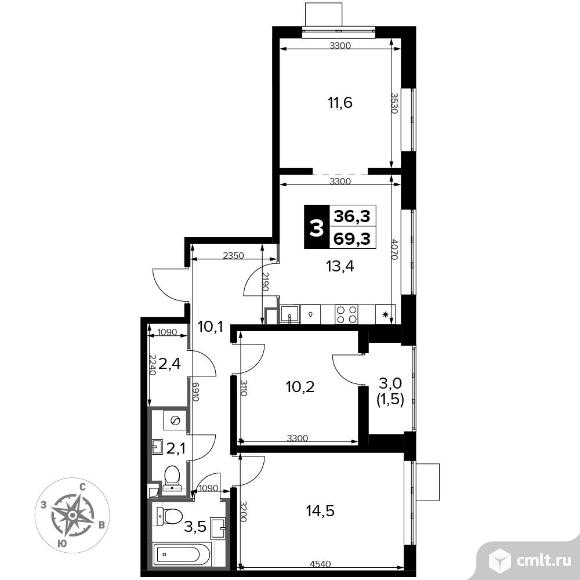 3-комнатная квартира 69,3 кв.м - ЖК "1-й Донской". Фото 1.