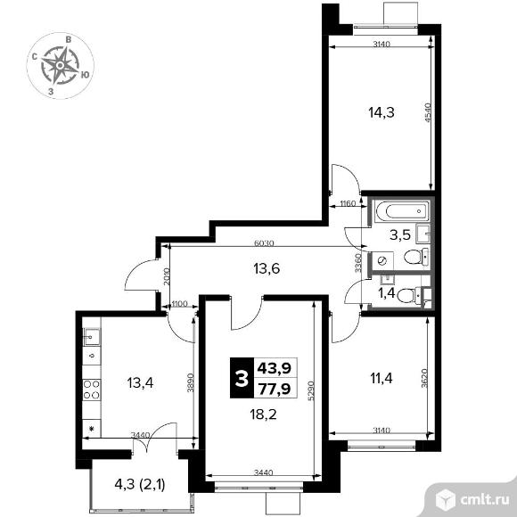 3-комнатная квартира 77,9 кв.м - ЖК "1-й Донской". Фото 1.