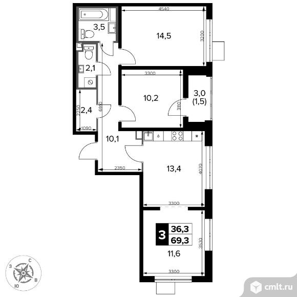 3-комнатная квартира 69,3 кв.м - ЖК "1-й Донской". Фото 1.