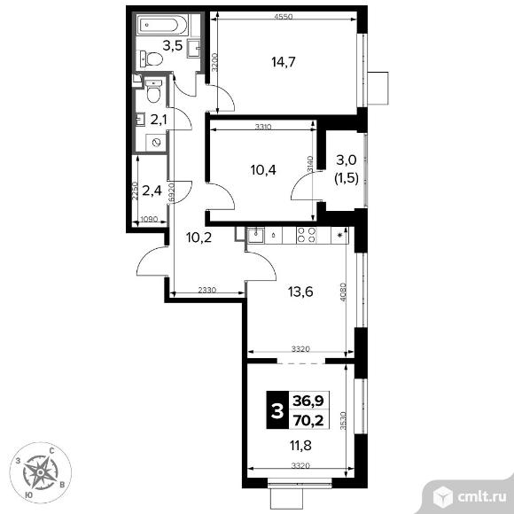 3-комнатная квартира 70,2 кв.м - ЖК "1-й Донской". Фото 1.