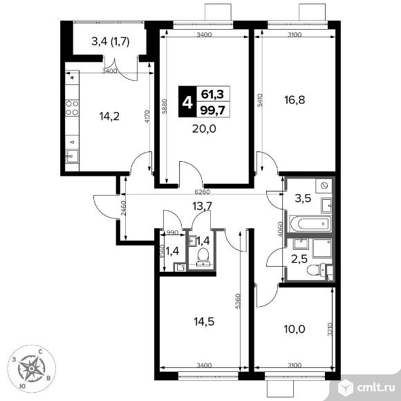 4-комнатная квартира 99,7 кв.м - ЖК "1-й Донской". Фото 1.