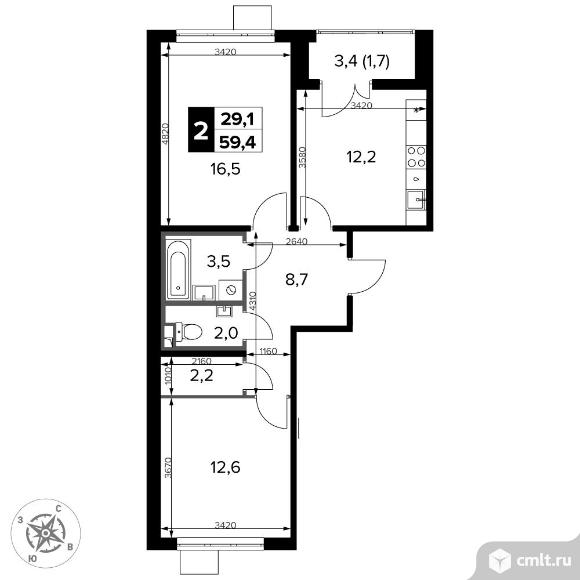 2-комнатная квартира 59,4 кв.м - ЖК "1-й Донской". Фото 1.
