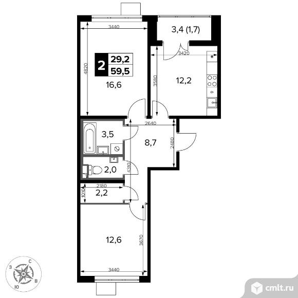 2-комнатная квартира 59,5 кв.м - ЖК "1-й Донской". Фото 1.