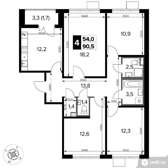 4-комнатная квартира 90,5 кв.м - ЖК "1-й Донской". Фото 1.