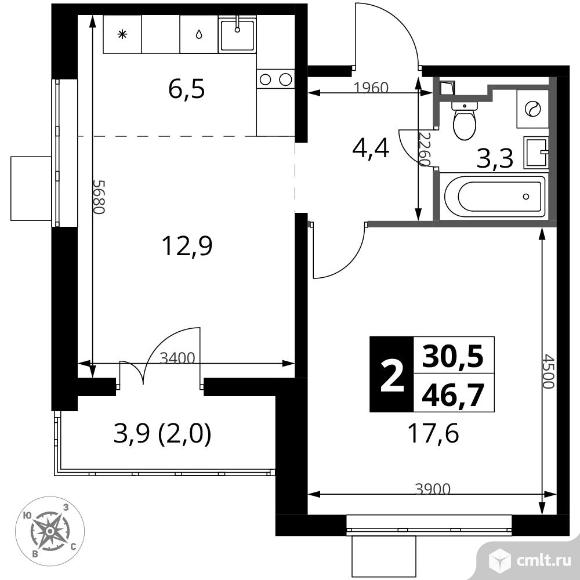 2-комнатная квартира 46,7 кв.м - ЖК "1-й Донской". Фото 1.