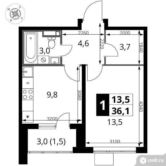 1-комнатная квартира 36,1 кв.м - ЖК "1-й Донской". Фото 1.
