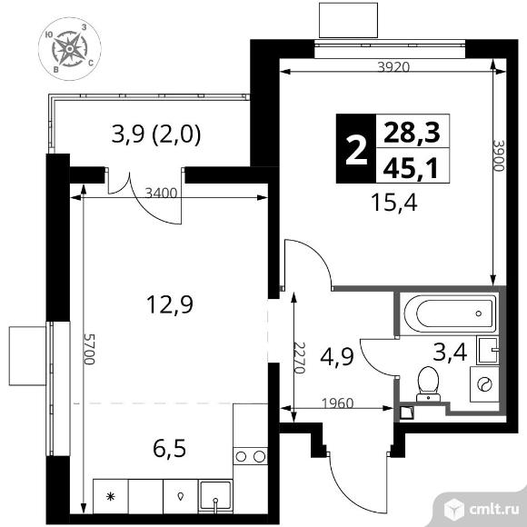 2-комнатная квартира 45,1 кв.м - ЖК "1-й Донской". Фото 1.