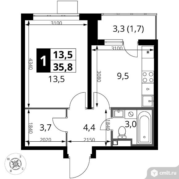 1-комнатная квартира 35,8 кв.м - ЖК "1-й Донской". Фото 1.