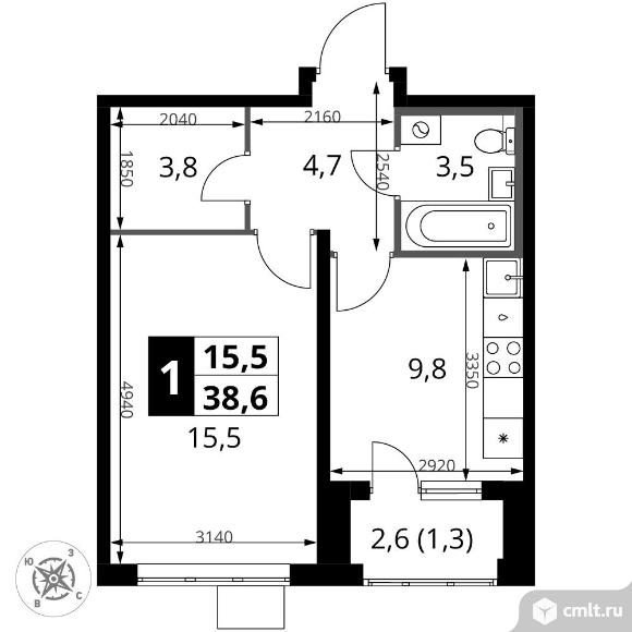1-комнатная квартира 38,6 кв.м - ЖК "1-й Донской". Фото 1.
