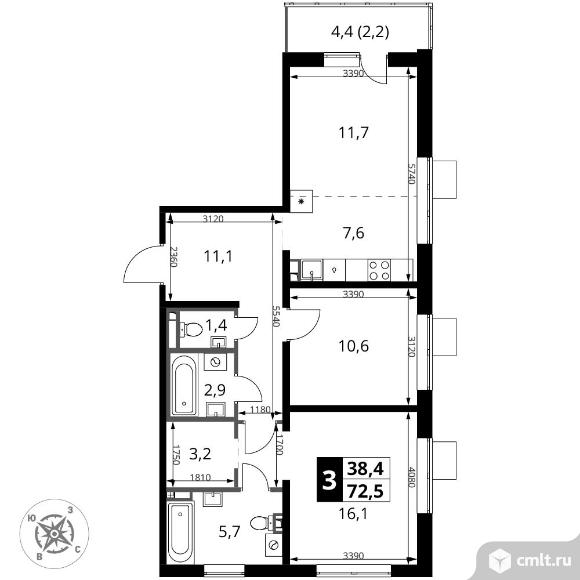 3-комнатная квартира 72,5 кв.м - ЖК "1-й Донской". Фото 1.
