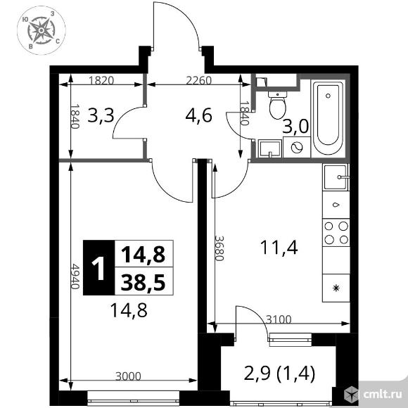 1-комнатная квартира 38,5 кв.м - ЖК "1-й Донской". Фото 1.