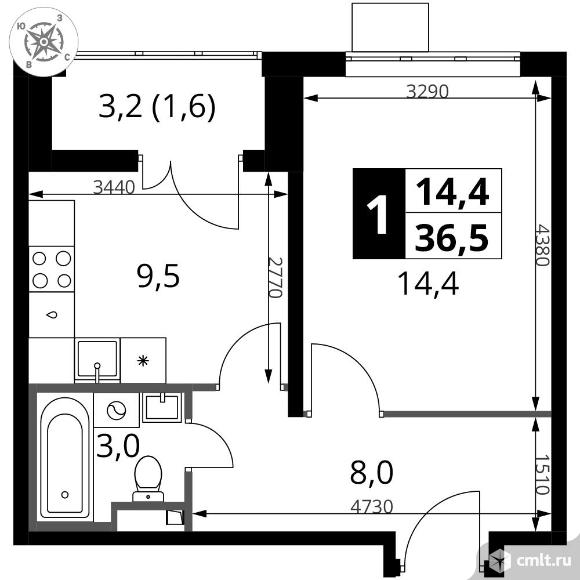 1-комнатная квартира 36,5 кв.м - ЖК "1-й Донской". Фото 1.